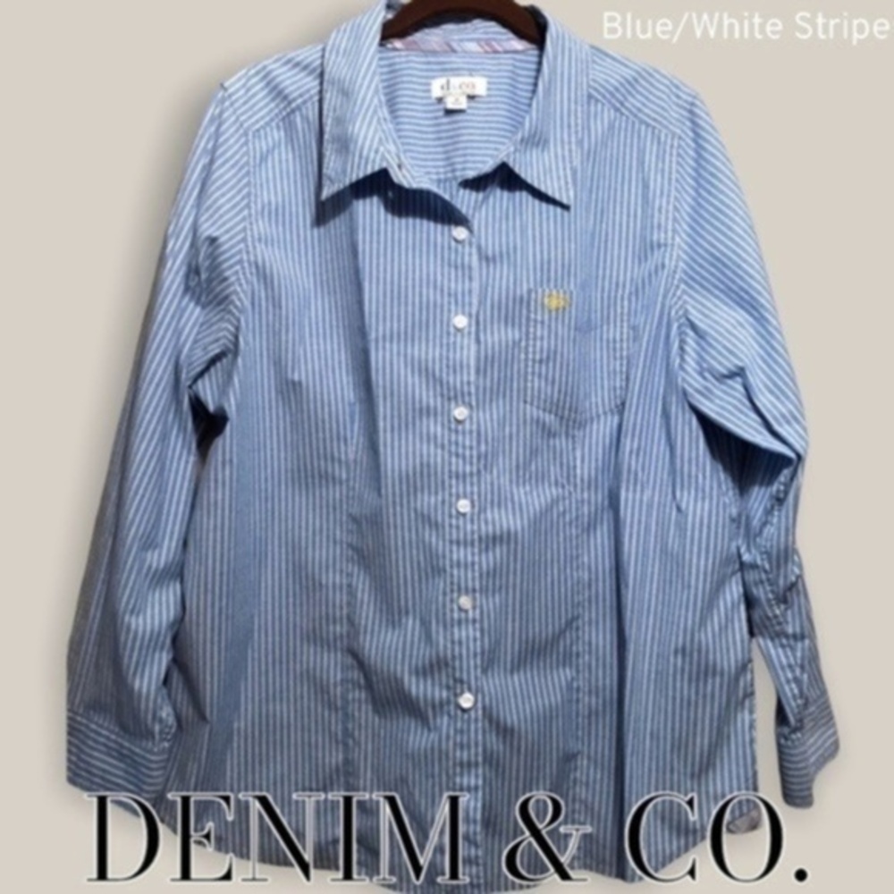 DENIM & CO Blue/White Striped Long Sleeve Button Down-NWOT/Size 1x